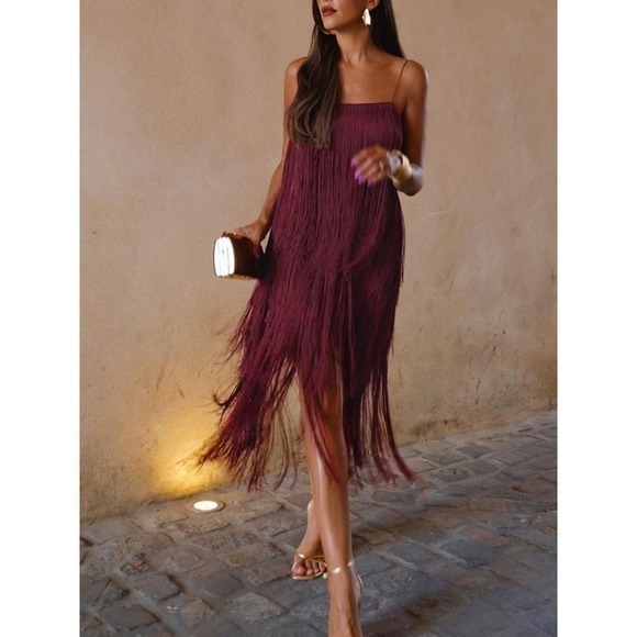 COMMENSE Florence Fringed Open Back Short Dress Burgundy size L/8-10 - Picture 3 of 7